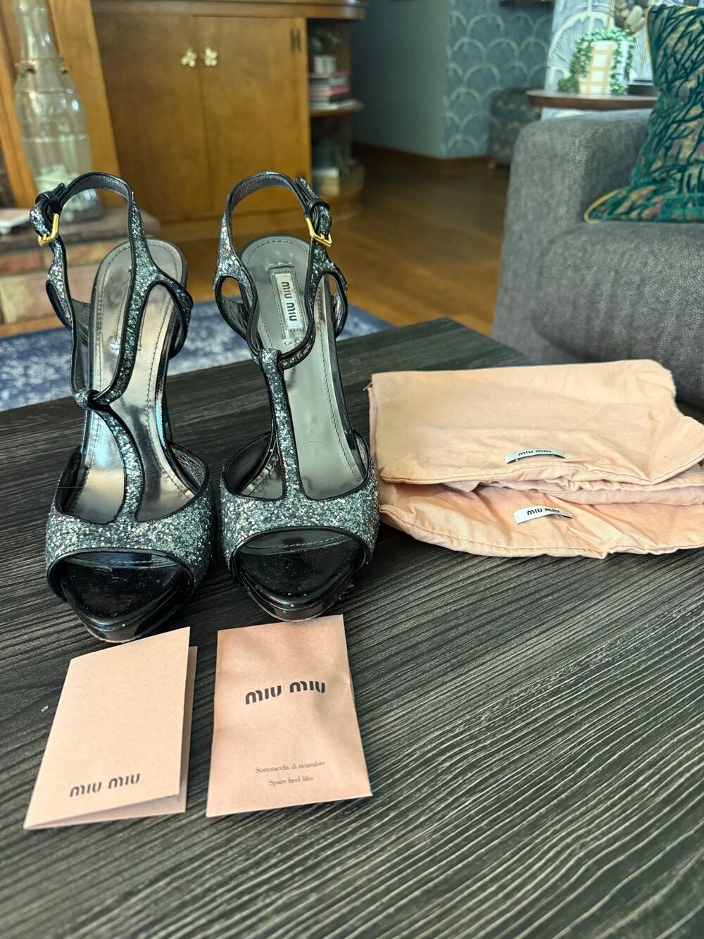 MIU MIU Silver & Black Glitter T-Strap Platform Sandals Heels SZ. 40